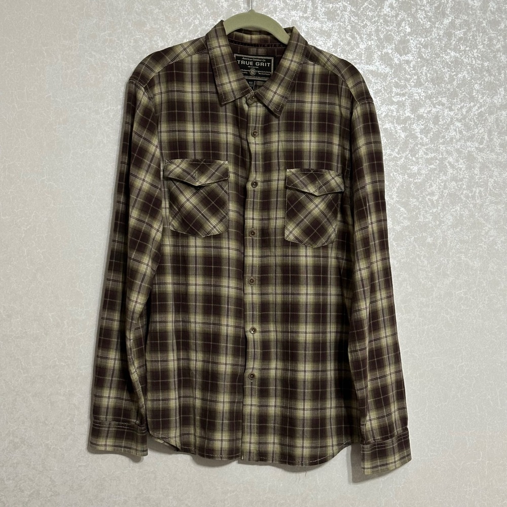 True Grit‎ Lightweight Shirt Plaid Long Sleeve Button Up Brown & Tan Knit Sz M